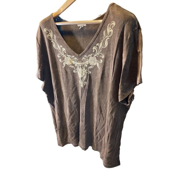 Xcit USA Brown V Neck Short Sleeved Top Sz 2X - Picture 3 of 6